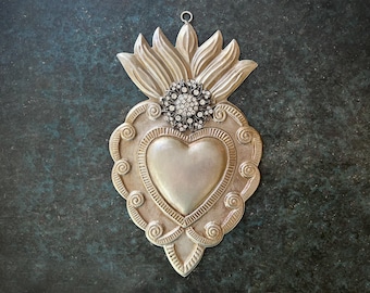 Sacred Heart, Milagro Heart, Large Flat SilverHeart with Rhinestones, Catholic Heart, Wall Hanging