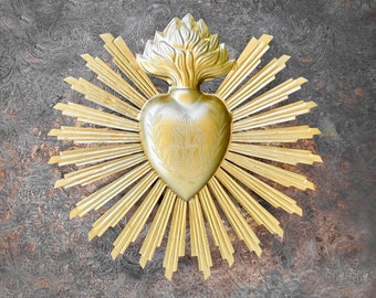 Sacred Heart, Milagro Heart, Large Bright Gold Heart Sunburst Flame, Catholic Heart, Wall Hanging