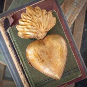Sacred Heart, Milagro Heart, Large Gold Flame Heart Box, Catholic Heart, Prayer Box