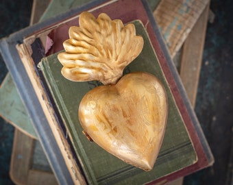 Sacred Heart, Milagro Heart, Large Gold Flame Heart Box, Catholic Heart, Prayer Box