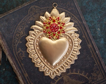 Hanging Sacred Heart, Milagro Heart, Gold Heart Flat, Catholic Heart, Altar Heart, Gilded Gold with red rhinestones, Laurel Heart