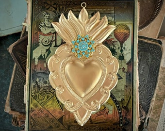 Sacred Heart, Milagro Heart, Large Flat Gold Heart with Turquoise Rhinestones, Catholic Heart, Wall Hanging