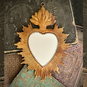 Sacred Heart Mirror, Gold Heart Sunburst Flame, Catholic Heart, Wall Hanging