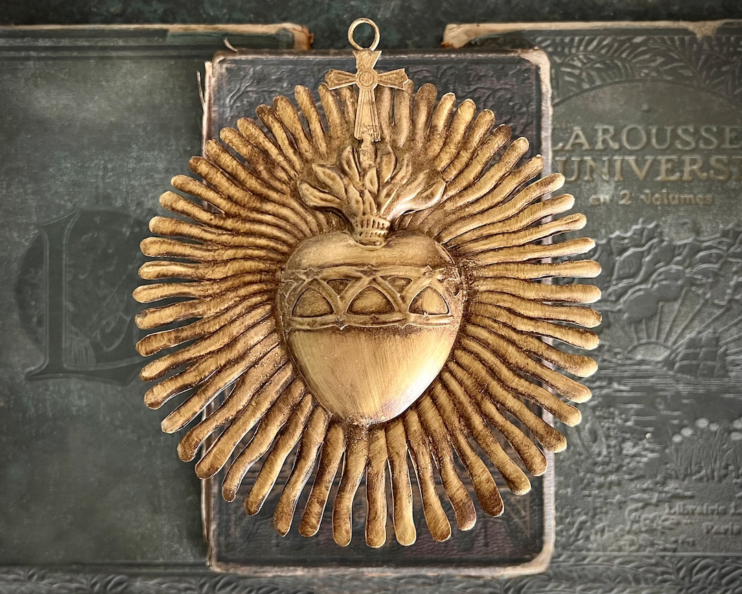 Sacred Heart Wall Hanging, Gold Sunburst Flame, Catholic Decor - Etsy