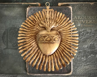 Sacred Heart, Crown of Thorns, Large Gold Heart Sunburst Flame, Catholic Heart, Wall Hanging