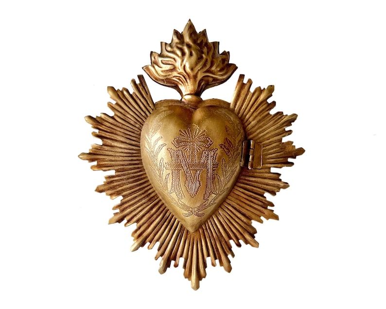 Sacred Heart, Milagro Heart, Antique Gold Heart Box, Catholic Heart, Prayer Box image 1