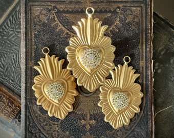 Hanging Sacred Heart, Milagro Heart, Small Gold Heart Flat, Catholic Heart, Altar Heart, Gilded Gold with Rhinestones set of 3