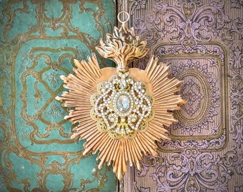 Sacred Heart, Milagro Heart, Gold Heart with White Rhinestones, Catholic Heart, Radiant Heart