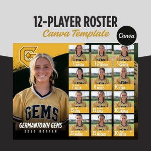 Team Roster, 12 Players Travel Summer Roster, Softball, Canva Template, Customizable, Your Colors, Editable, Printable Roster, Team Sheet