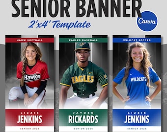 May include: A senior banner template with three sports portraits. The banner includes the text "SENIOR BANNER" and "2'x4' Template". The sports are softball, baseball, and soccer. Each banner features a student's name and the year "2026".