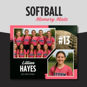 May include: A softball memory mate featuring a team photo of young girls in pink "STORM" jerseys. The image includes a close-up of a softball, the number 13, and a portrait of Lillian Hayes. Text reads "SOFTBALL Memory Mate".