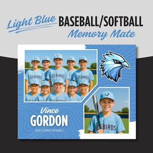 Light Blue Baseball Softball Memory Mate: 10x8 Team Photo Template (Canva Editable, Printable File)