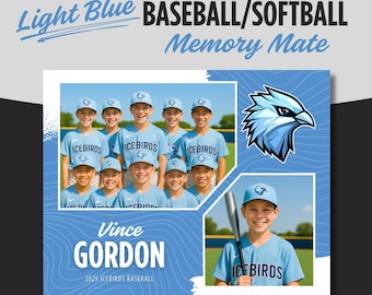 Light Blue Baseball Softball Memory Mate: 10x8 Team Photo Template (Canva Editable, Printable File)