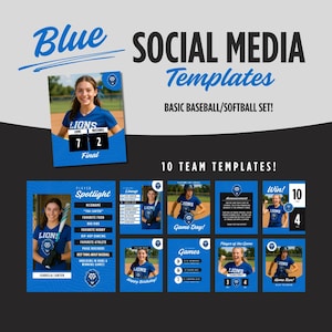 Könnte beinhalten: Blaue Social-Media-Vorlagen für Baseball- und Softballteams. Das Set enthält 10 Vorlagen mit einem blau-weißen Farbschema. Die Vorlagen zeigen Spieler-Spotlights, Spieltagsankündigungen und Ergebnisaktualisierungen. Das Wort "Blue" ist kursiv geschrieben.