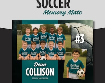 May include: A soccer team photo collage with the text "SOCCER Memory Mate." The image features a team of young players in teal jerseys, a soccer ball, and the name "Dean Collison." The number "3" is also visible.