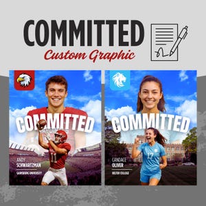 Può includere: Una grafica personalizzata con la parola "COMMITTED" in grandi lettere nere sopra due immagini di atleti. La grafica include il testo "Custom Graphic", un'icona di penna e carta e i nomi degli atleti e delle loro università.