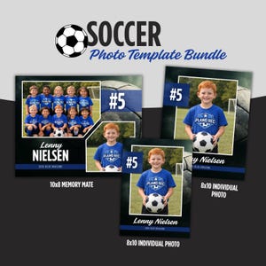 Pode incluir: Um pacote de modelos de fotos de futebol com um design preto e azul. O pacote inclui um 10x8 memory mate e duas fotos individuais 8x10. As fotos apresentam uma equipe de futebol e um menino segurando uma bola de futebol. O texto inclui "SOCCER Photo Template Bundle".