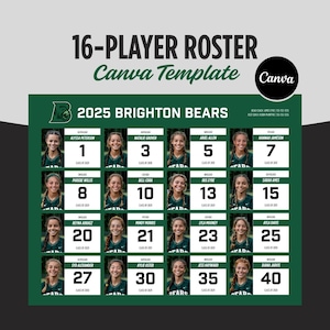 Team Roster Template, 16 Players Travel Accelerated Roster, Softball, Baseball, Soccer, Canva Template, Customizable, Your Colors, Editable