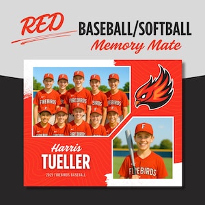 Red Baseball Softball Memory Mate: 10x8 Team Photo Template (Canva Editable, Printable File)