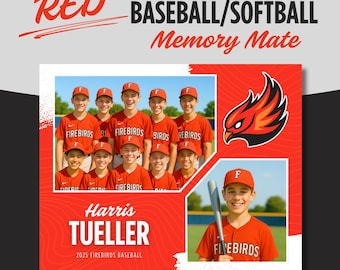 Red Baseball Softball Memory Mate: 10x8 Team Photo Template (Canva Editable, Printable File)