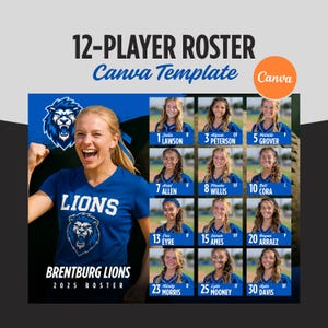 Team Roster, 12 Players Travel Summer Roster, Softball, Canva Template, Customizable, Your Colors, Editable, Printable Roster, Team Sheet