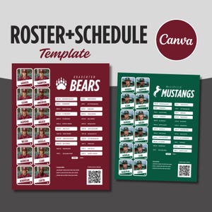 Op de afbeelding: Een sjabloon voor een honkbalrooster en -schema met de tekst "ROSTER+SCHEDULE Template" en het Canva-logo. Het ontwerp bevat twee teamindelingen: één in bordeauxrood voor de "Bradenton Bears" en een andere in groen voor de "Millville Mustangs".