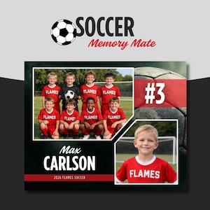 May include: A soccer team photo with the text "SOCCER Memory Mate." The photo features a team of young players in red jerseys with "FLAMES" printed on them. The name "Max CARLSON" and "2026 FLAMES SOCCER" are also displayed.