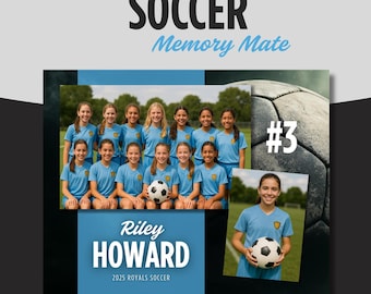 May include: A soccer team photo with the text "SOCCER Memory Mate." The team is wearing light blue jerseys. The photo includes the name "Riley Howard" and "2025 Royals Soccer."