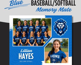 Blue Baseball Softball Memory Mate: Editable Canva Template, Team Photo Keepsake