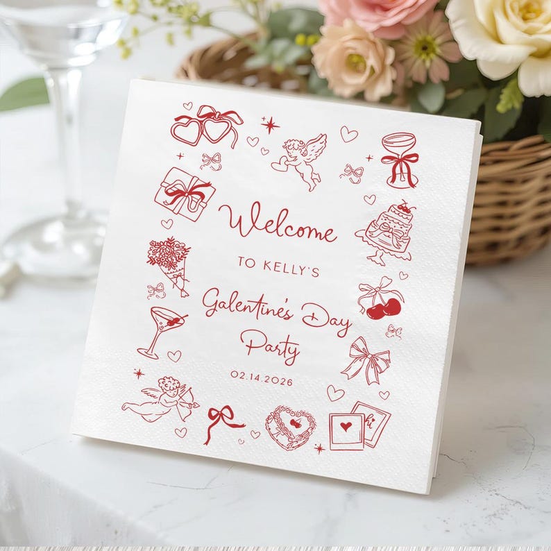 May include: White square paper napkins with red illustrations and text. The design includes hearts, bows, gifts, and the words "Welcome to Kelly's Galentine's Day Party 02.14.2026". A festive and decorative item for a party.