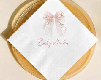 Floral Bow Baby Shower Napkins, Personalized Party Decor