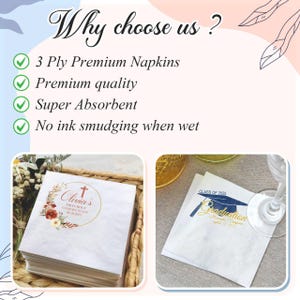 May include: White napkins with text and floral designs. One stack has "Olivia's First Holy Communion" printed on it. The other napkin has "Graduation" and "Class of 2025" printed on it. The image also includes the text "Why choose us?" and lists features.