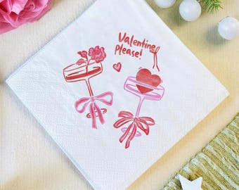 Valentine Please! Napkins, Cute Cocktail Glass & Heart Napkins, Romantic Party Decor