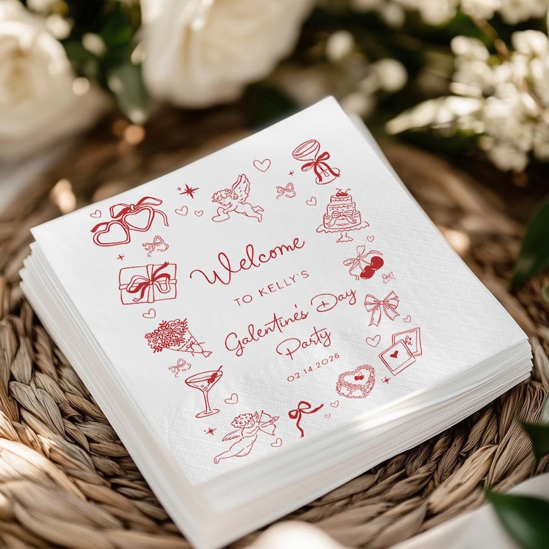 May include: A stack of white paper napkins with red illustrations and text. The text reads "Welcome to Kelly's Galentine's Day Party 02.14 2026". The napkins are decorated with hearts, bows, and other festive designs.