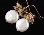 AAA Coin Pearl Earrings, Moss Aquamarine, Andalusite, Imperial Topaz, 14k Gold Filled, March June November Birthstone, Gemstone Cluster