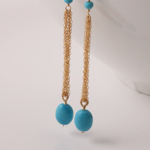 AAA Arizona Turquoise Earrings, shops Gold Filled Chain Long Dangle Earrings, December Birthstone, Wire Wrapped Coil, Sky Blue Gemstone
