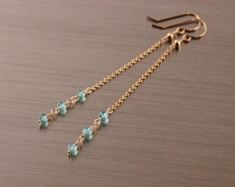 AAA Blue Apatite Chain Earrings, Gold Filled, Blue Green Seafoam Gemstone, Wire Wrapped, Long DangleDangly Earrings, Simple Linear