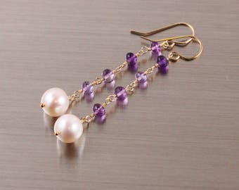 Amethyst Freshwater Potato Pearl Earrings, Gold Filled, White Purple, Long Dangly, Febraury June Birthstone, Handmade Jewelry, Wire Wrapped