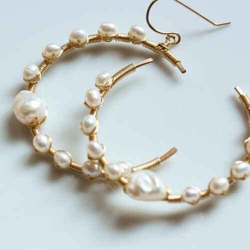 Keshi Pearl Earrings, Gold Filled, Half Circle Earrings, Half shops Moon, C Shape, Crescent, June Birthstone, Wire Wrapped, Coil - MILA (Large)