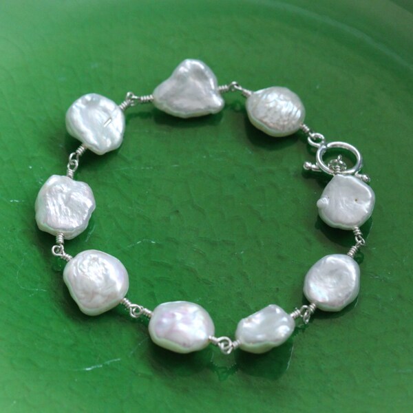 Keshi Keishi Pearl Bracelet - Sterling Silver, Creamy White, Organic Cornflake, June Birthstone, Toggle Clasp