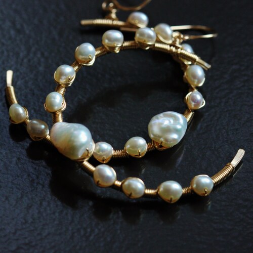 Keshi Pearl Earrings, Gold Filled, Half Circle Earrings, Half shops Moon, C Shape, Crescent, June Birthstone, Wire Wrapped, Coil - MILA (Large)
