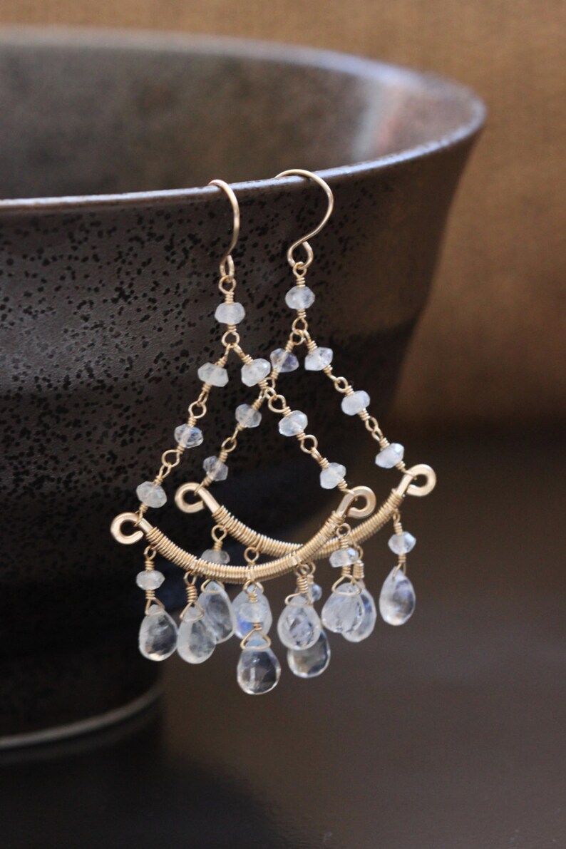 Rainbow Moonstone Chandelier Earrings 14k Gold Filled Wire Etsy