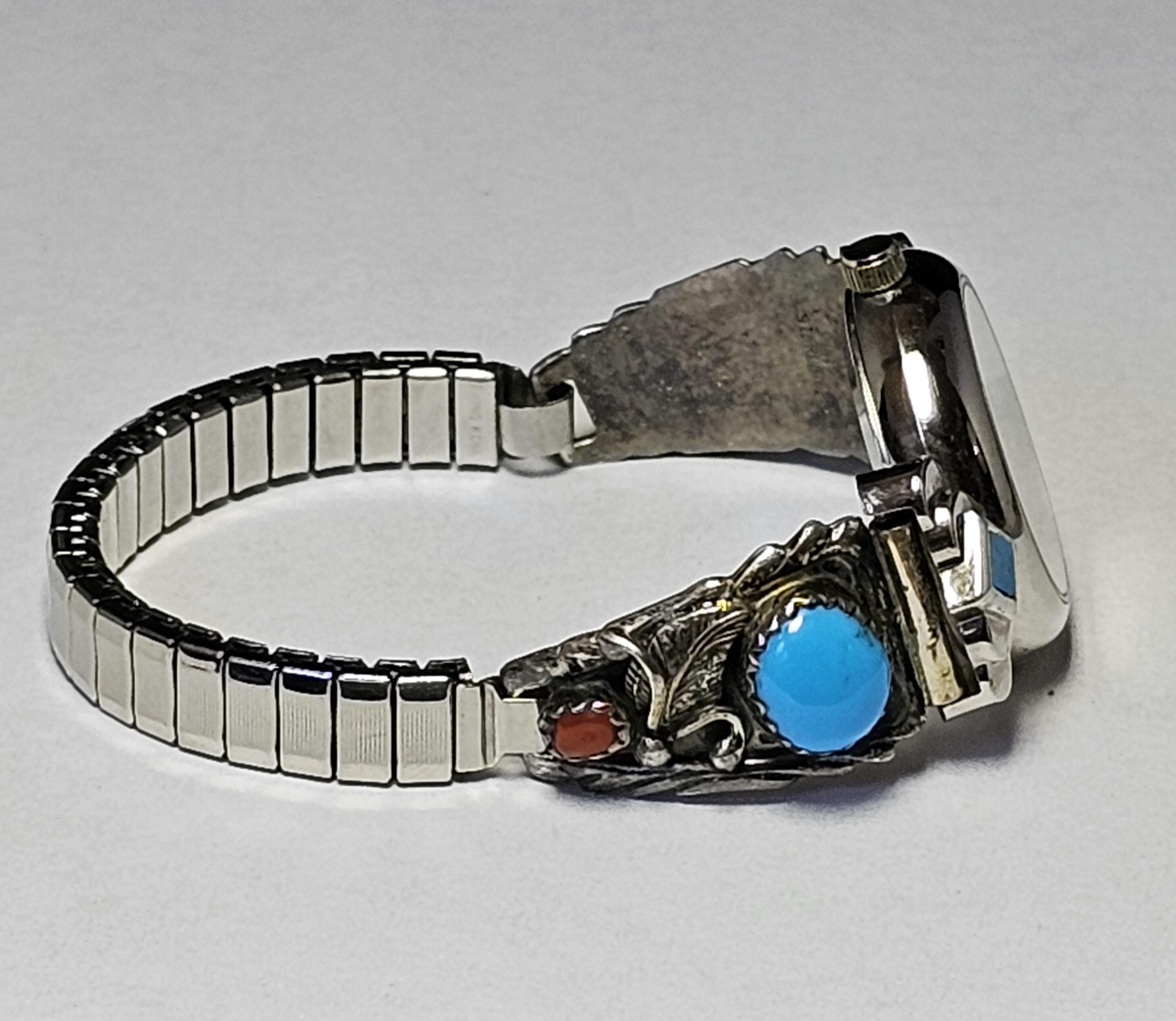 Ladies Vintage RB Sterling Silver Turquoise Coral Navaho Tips
