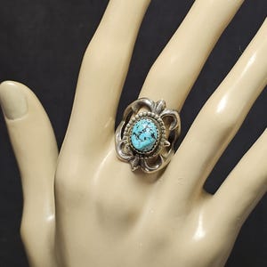 Vintage IE Signed  Navaho Turquoise Silver Sandcast  Ring Size 7