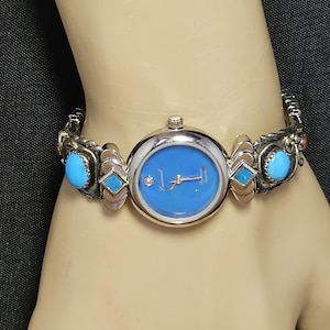 Ladies Vintage RB Sterling Silver Turquoise Coral Navaho Tips Lucoral Diamond Quartz Watch