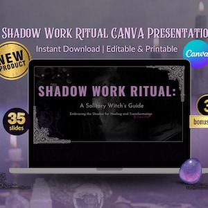 May include: A laptop displays a presentation titled "Shadow Work Ritual: A Solitary Witch's Guide." The presentation is for Canva, and includes 35 slides. The image also includes a "New Product" badge and 3 bonus gifts.