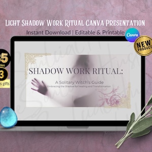 May include: A laptop displays a presentation titled "SHADOW WORK RITUAL: A Solitary Witch's Guide." The screen shows a blurred image of a hand. The presentation includes 35 slides and 3 bonus gifts. A "NEW PRODUCT" badge is visible.
