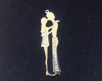 Vintage Pendant Hippies 1960s 1970s Kissing Couple Long Silvertone Charm Boy and Girl  Dating Sweetness Love Luv Token