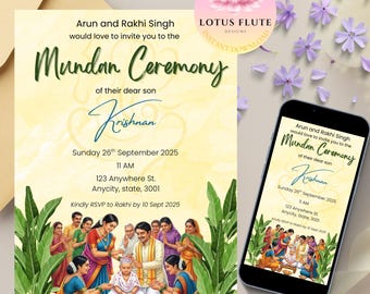 Mundan-ceremonie uitnodigingssjabloon | Hindoe-ritueel voor het knippen van haar | Bewerkbaar canvasontwerp | Digitale download | Chudakarana-kaart |Eerste knipbeurt