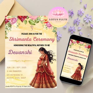 Invitation indienne de baby shower | Sreemantham, Godh Bharai, Shrimant, Valaikappu | Modèle de toile | Modifiable | Téléchargement numérique instantané
